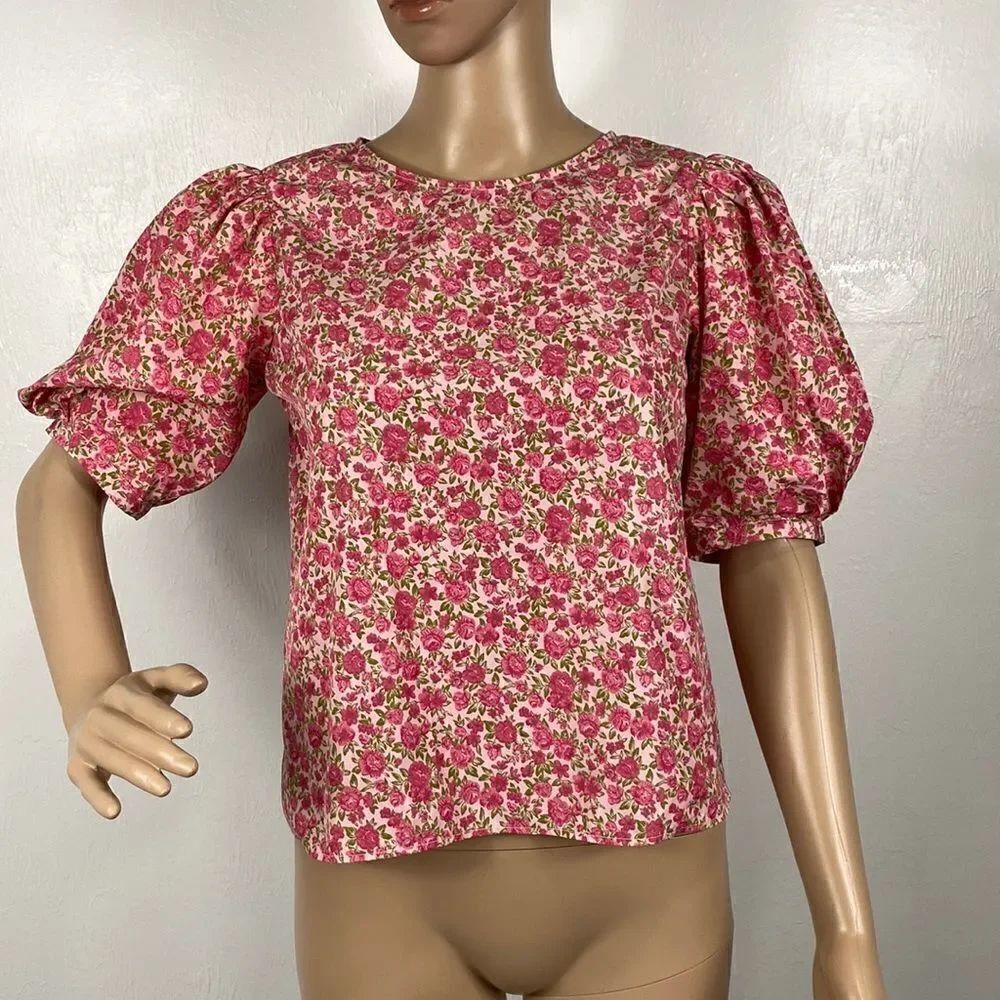 Zara Floral Pink Puff Sleeves Taffeta Blouse Top Size 13-14
